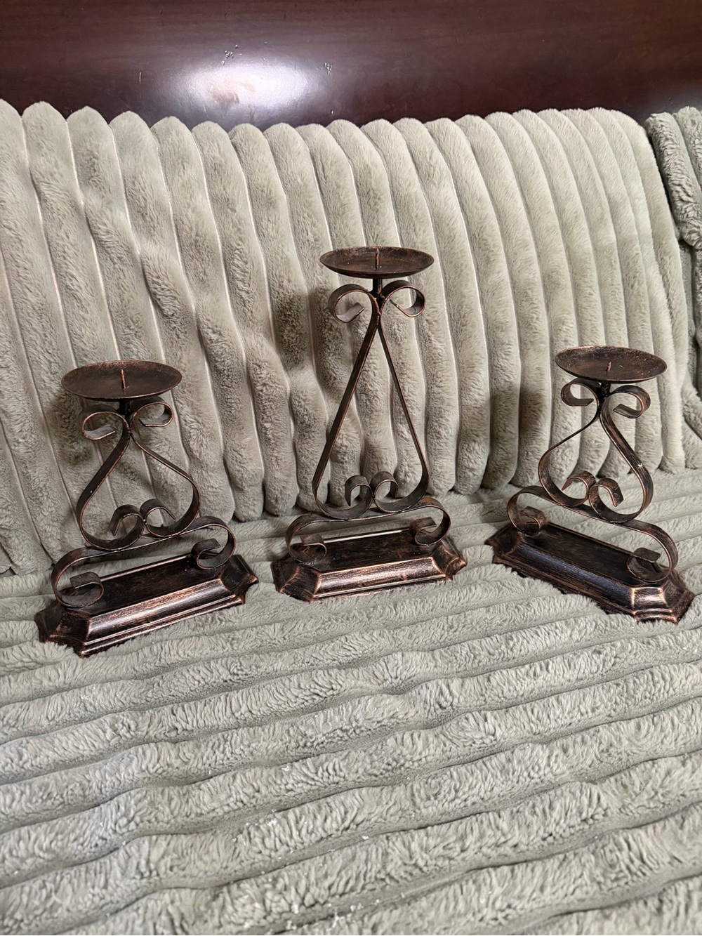 Decorative Metal Candle Holder Set in Antiqued Copper Finish